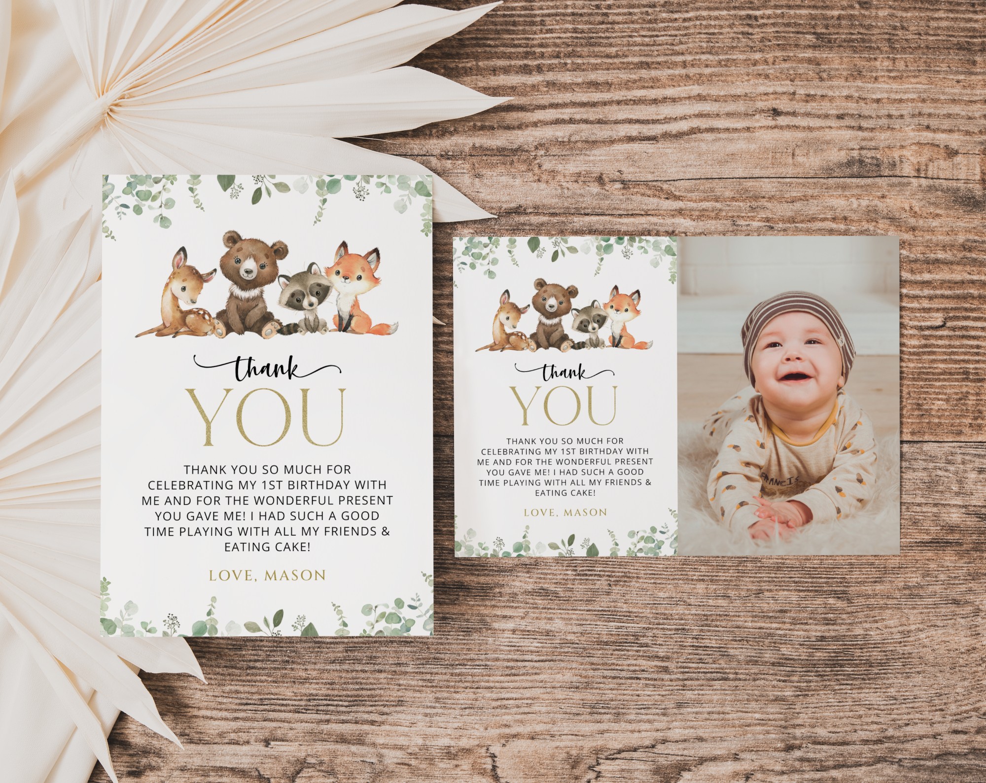 forest animals thank you card, first birthday, printable file, edit  yourself, sh28